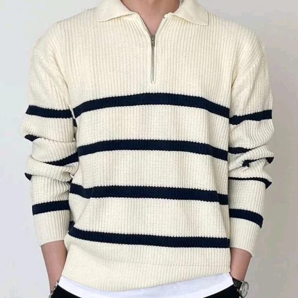 Men Striped Pattern Polo Neck Fall Sweater Without Tee - Picture 7 of 7